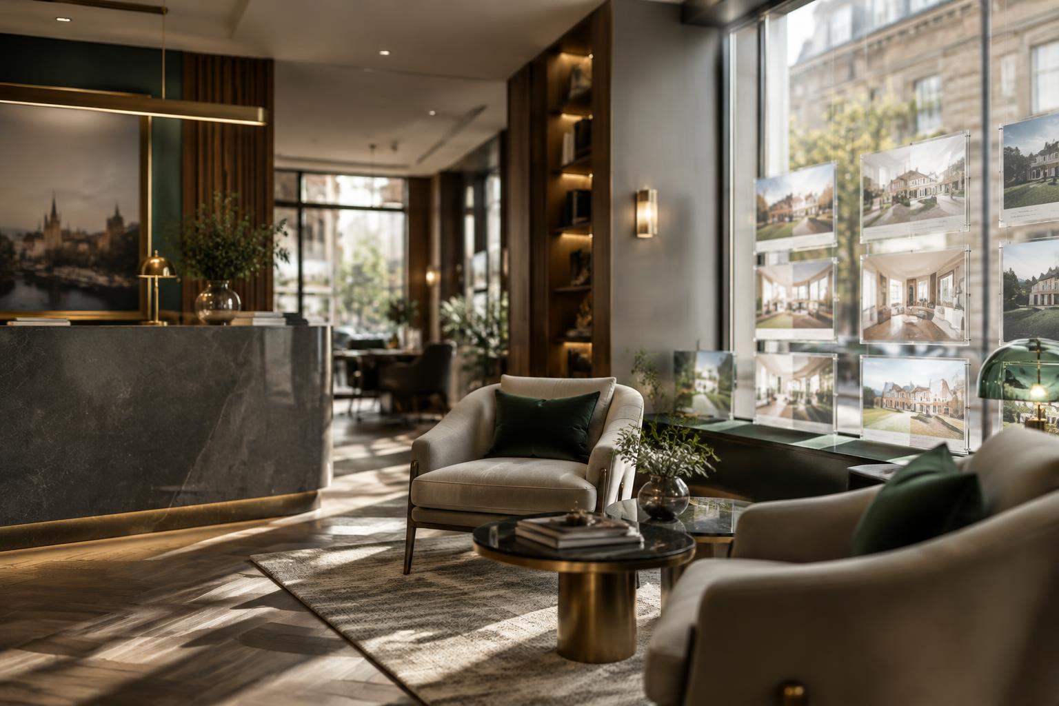 Accueil d’une agence immobilière contemporaine, vitrine de biens et espace de conseil