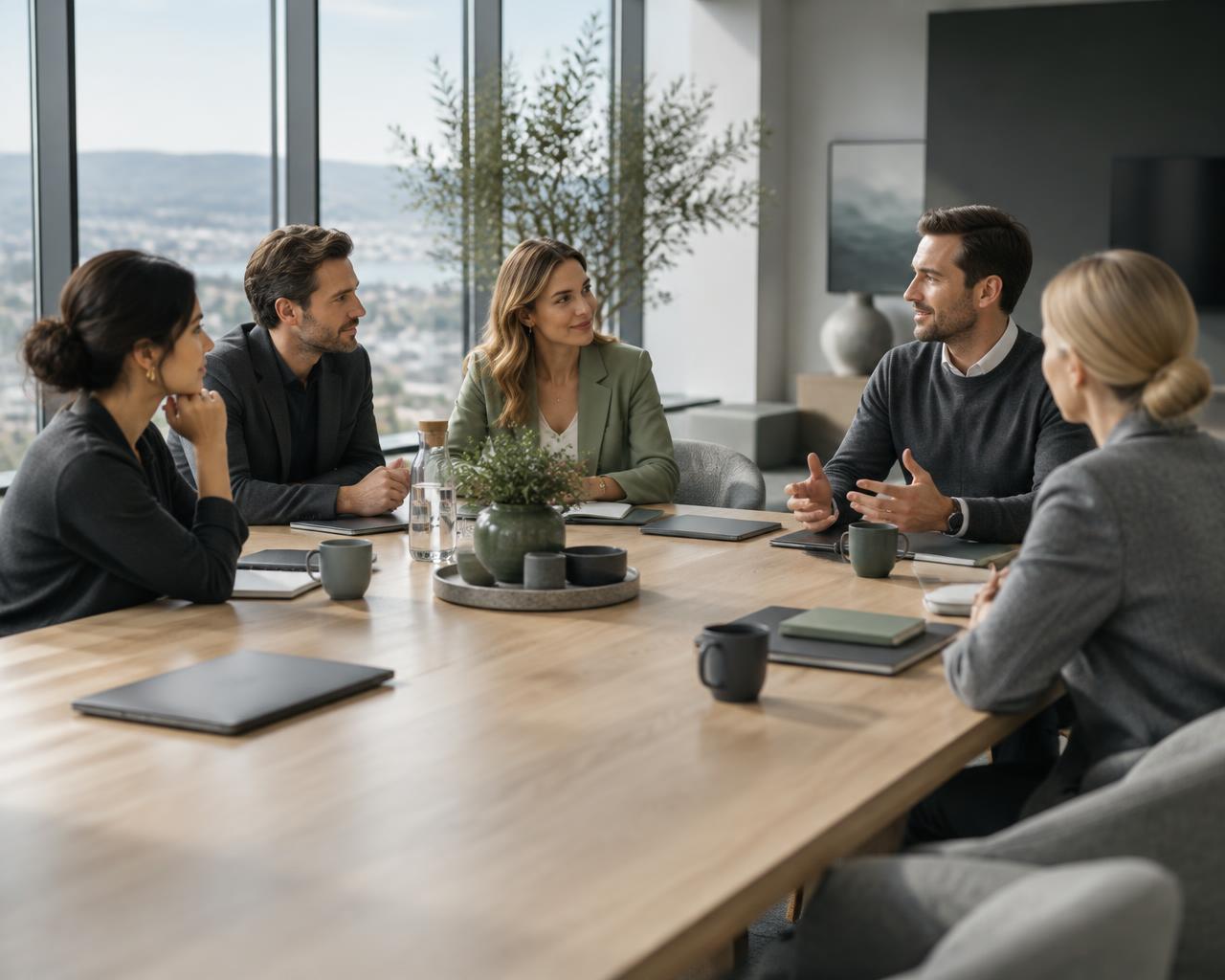 Agents immobiliers réunis autour d’une table de travail en présentiel